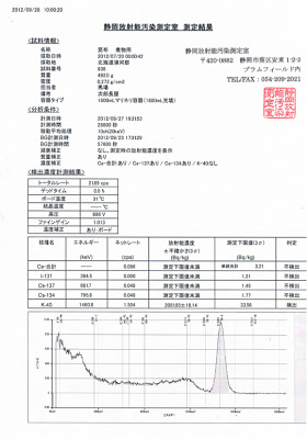 2012年産・北海道日高浦河の井寒台昆布・放射能検査「不検出」です。