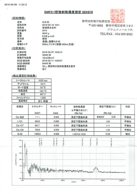 《速報》2016年産三陸わかめ・気仙沼大谷産・放射能測定検査「不検出」です。