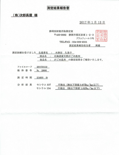 2016年産北海道・函館産・長寿昆布原材料「天然がごめ昆布」放射能検査 :不検出